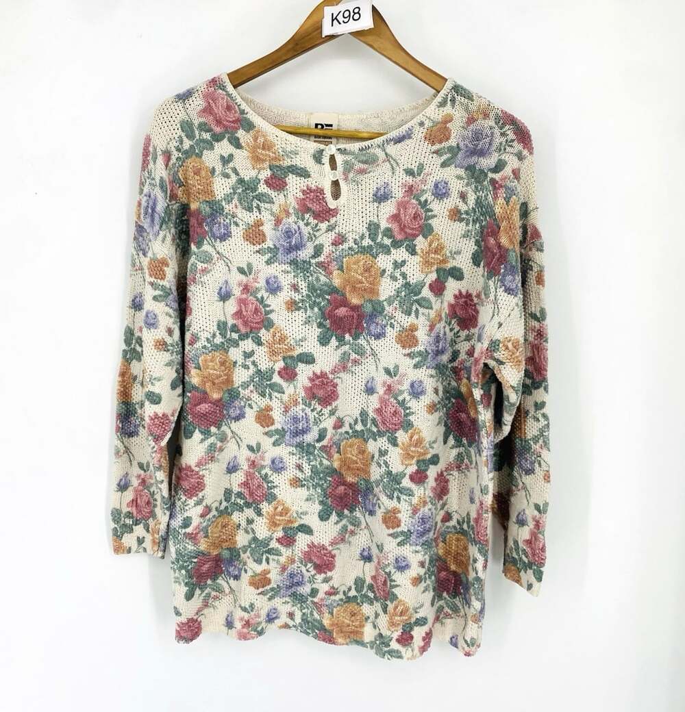 Vintage 90s Basic Editions Floral Sweater 18/38 Poly Cotton Cottagecore Grandma